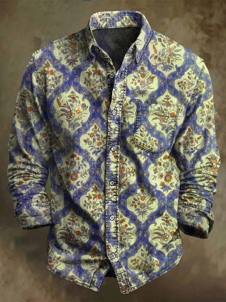Chemise décontractée à manches longues avec motif floral géométrique rétro