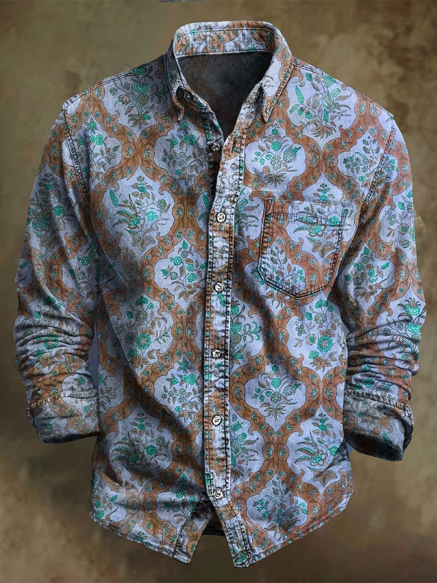 Chemise décontractée à manches longues avec motif floral géométrique rétro