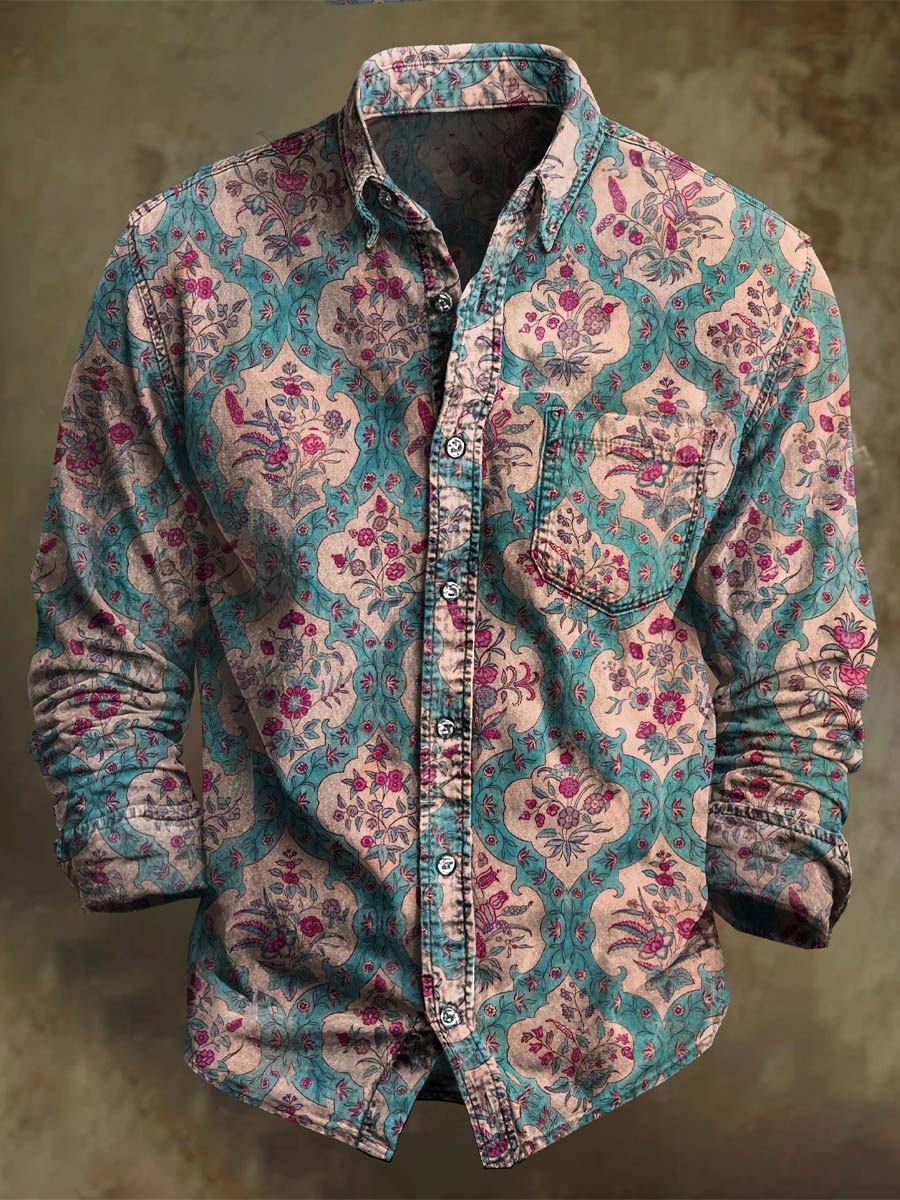 Chemise décontractée à manches longues avec motif floral géométrique rétro