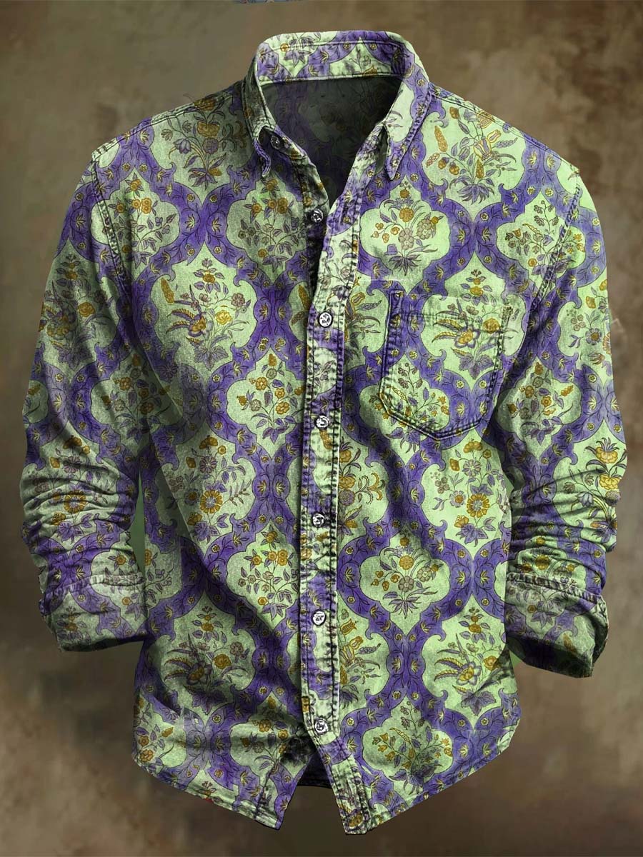 Chemise décontractée à manches longues avec motif floral géométrique rétro