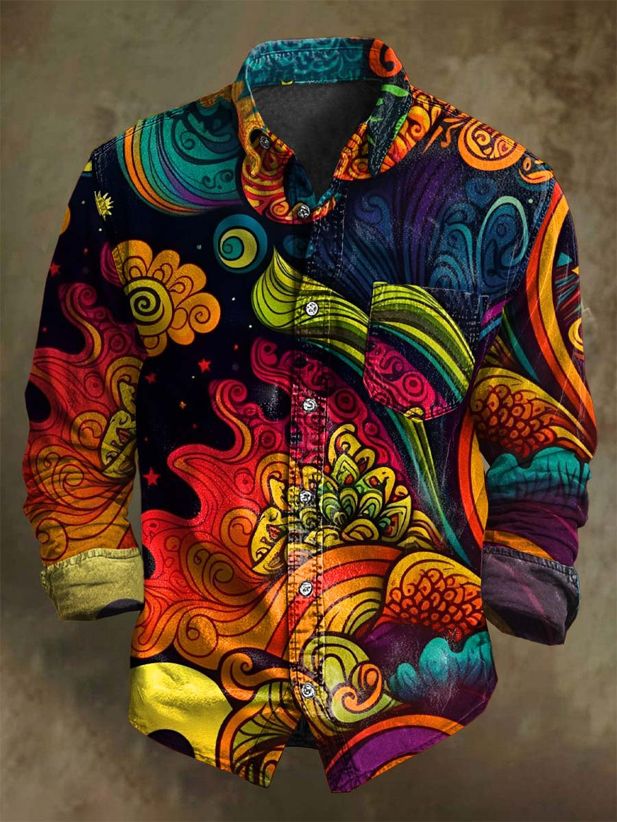 Chemise décontractée à manches longues avec motif floral abstrait vintage coloré