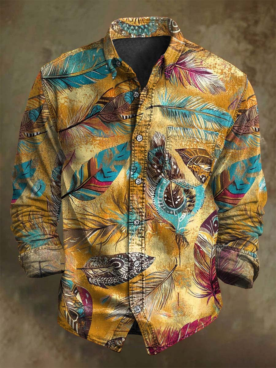 Chemise décontractée à manches longues avec motif tribal rétro