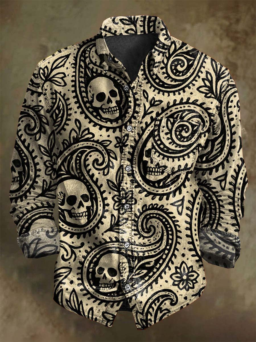 Chemise décontractée à manches longues avec motif vintage de crâne paisley