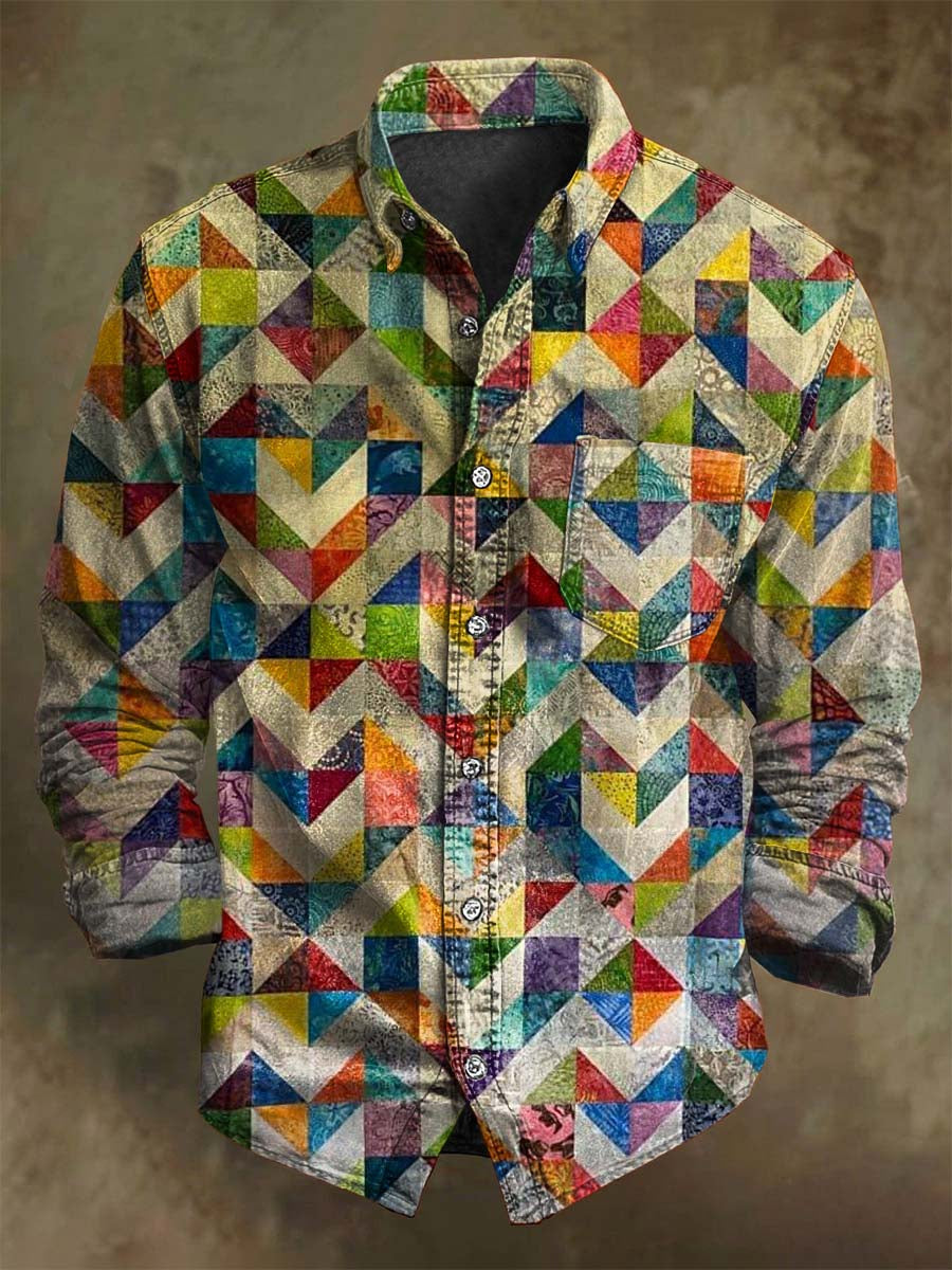 Chemise Longue à Manches Décontractée avec Imprimé Géométrique Coloré Vintage