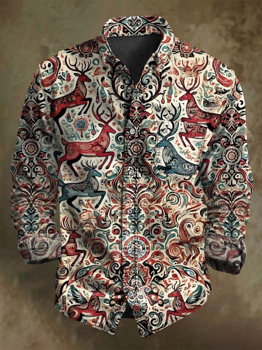 Chemise décontractée à manches longues avec motif tribal de cerf vintage