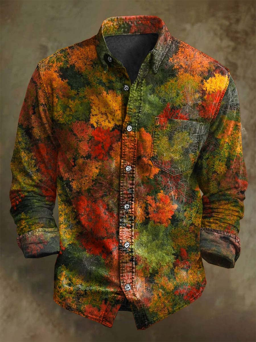 Chemise décontractée à manches longues avec motif de forêt brumeuse en automne