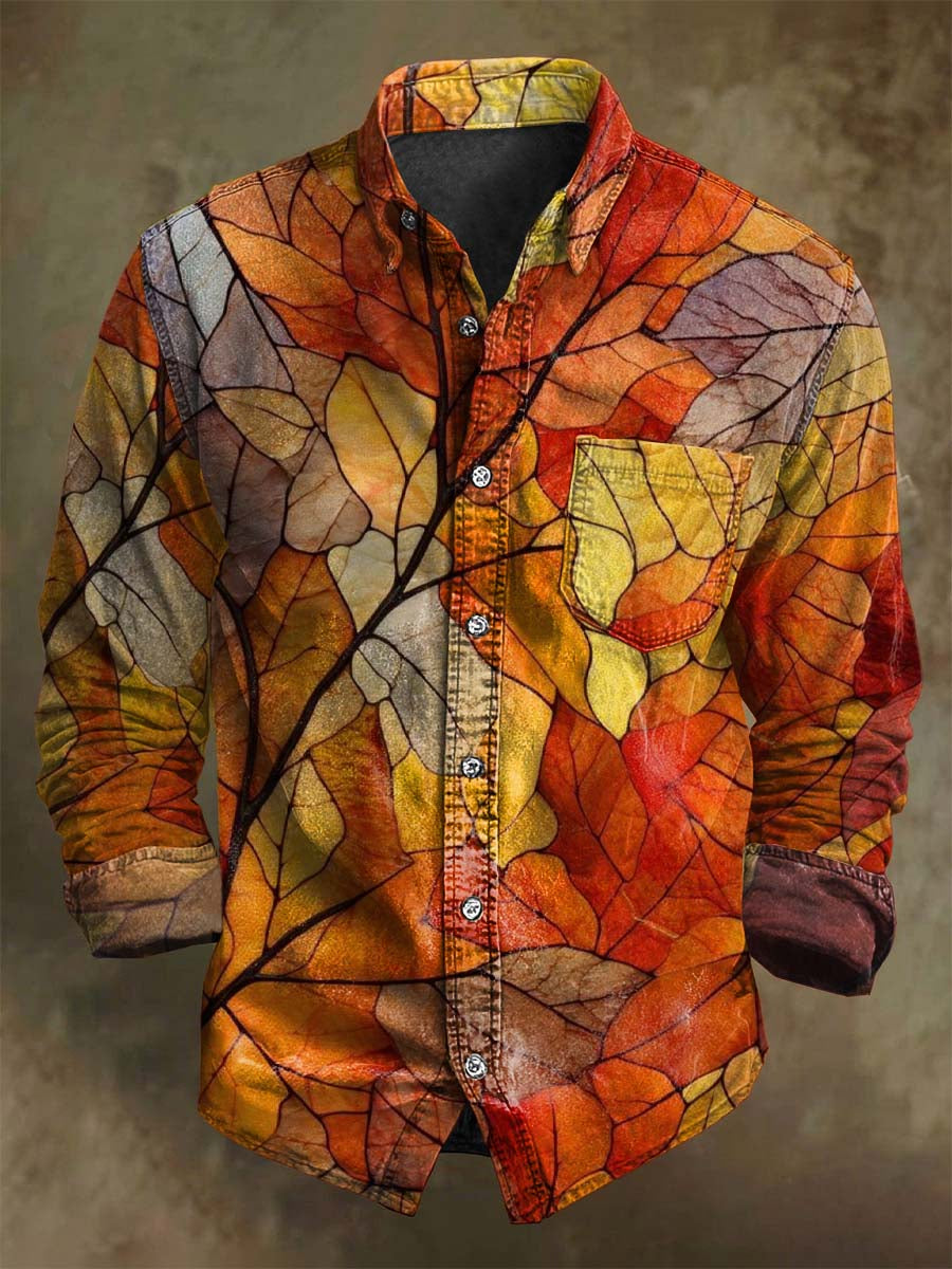 Chemise décontractée à manches longues avec motif vintage de feuille d'érable