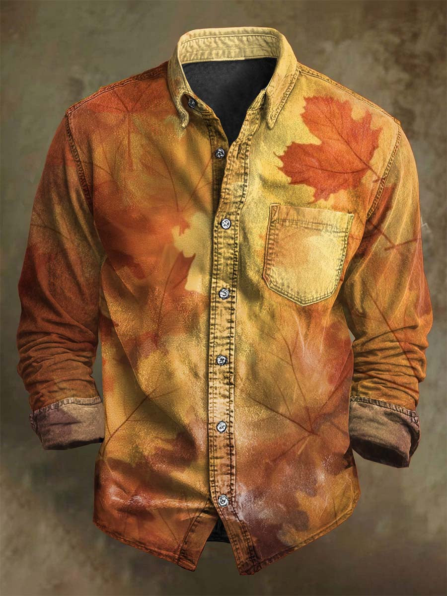 Chemise décontractée à manches longues avec motif vintage de feuilles d'érable automnal