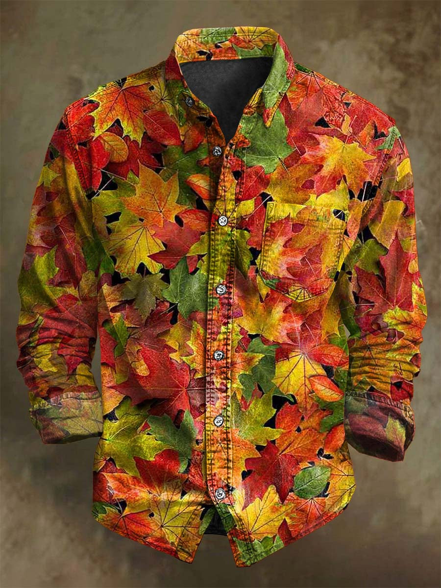 Chemise décontractée à manches longues avec motif vintage de feuilles d'érable automnales
