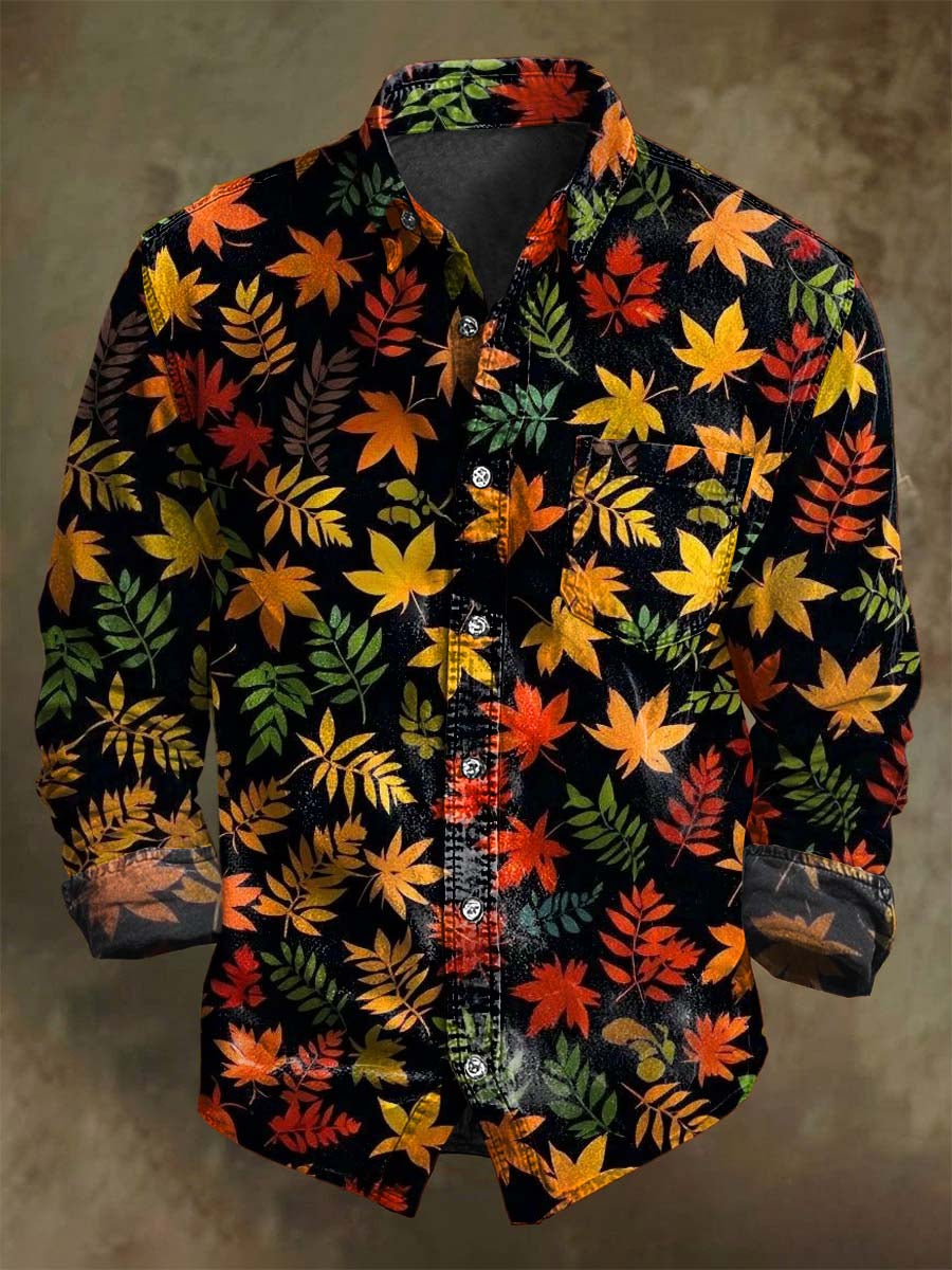 Chemise décontractée à manches longues avec motif vintage de feuilles d'érable d'automne
