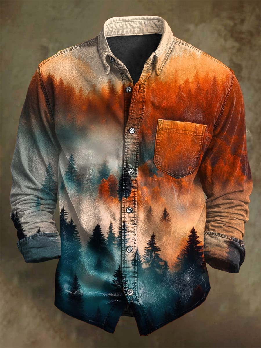 Chemise décontractée à manches longues avec impression de forêt brumeuse en automne