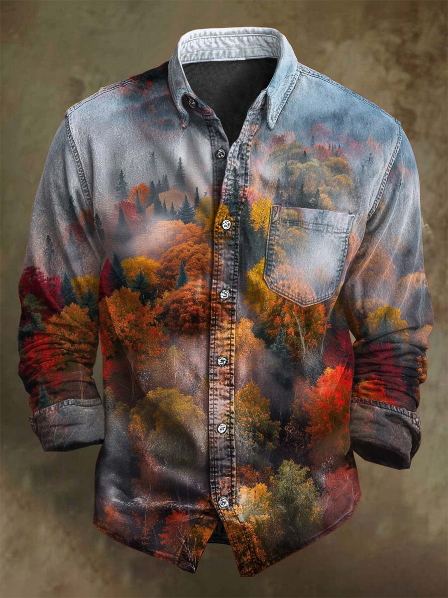 Chemise Décontractée à Manches Longues avec Imprimé de Forêt Brumeuse d'Automne