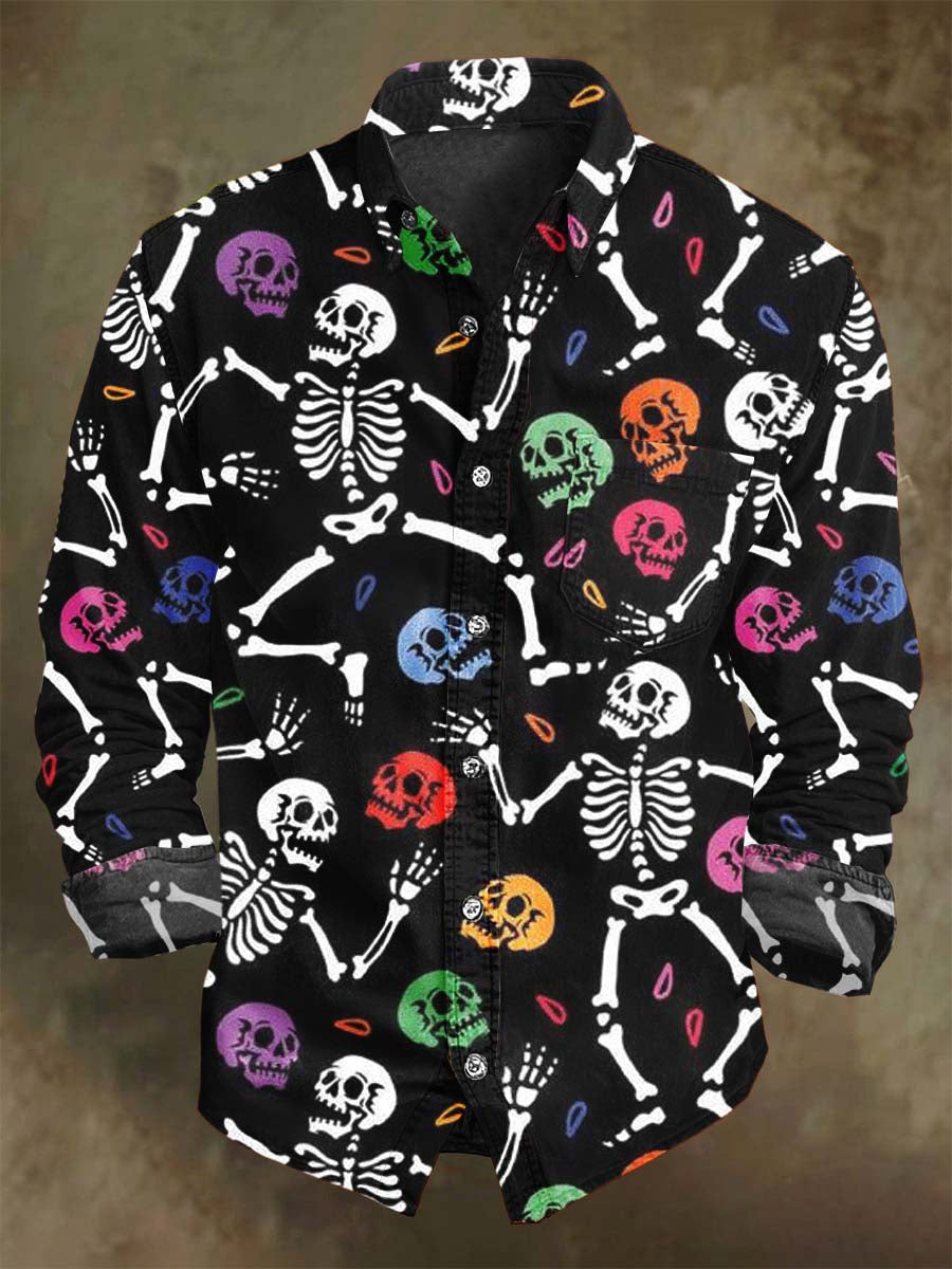 Chemise décontractée à manches longues avec motif de crâne coloré pour Halloween