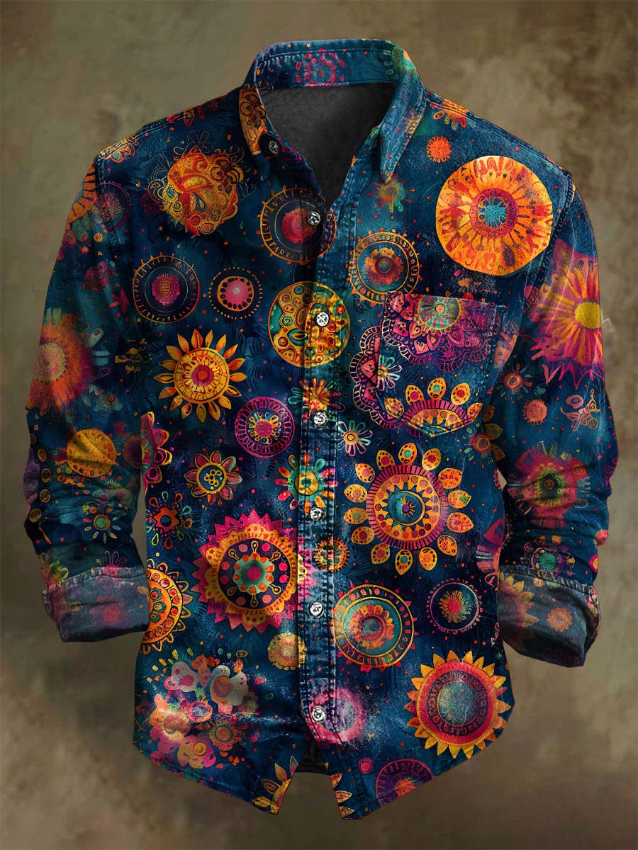 Chemise décontractée à manches longues avec motif floral rétro coloré