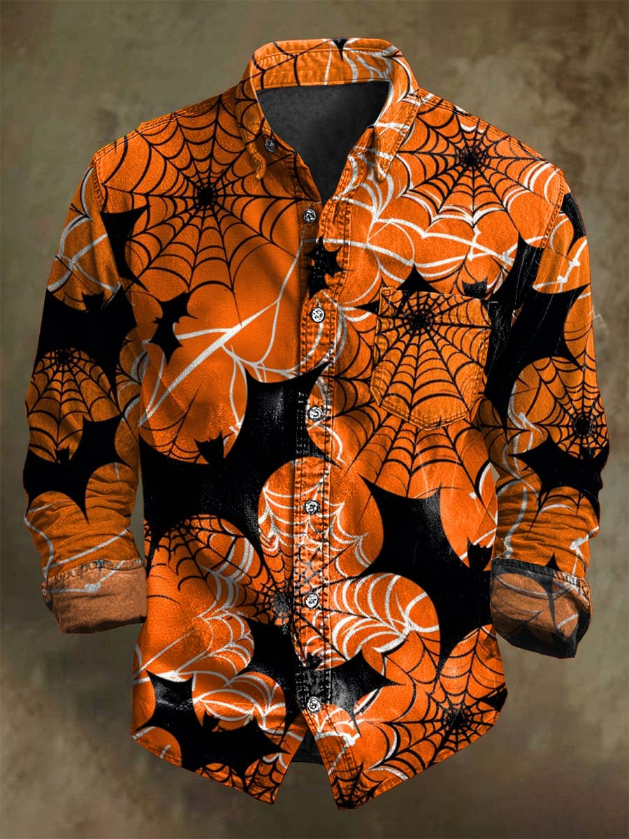 Chemise décontractée à manches longues avec motif araignée et chauve-souris pour Halloween