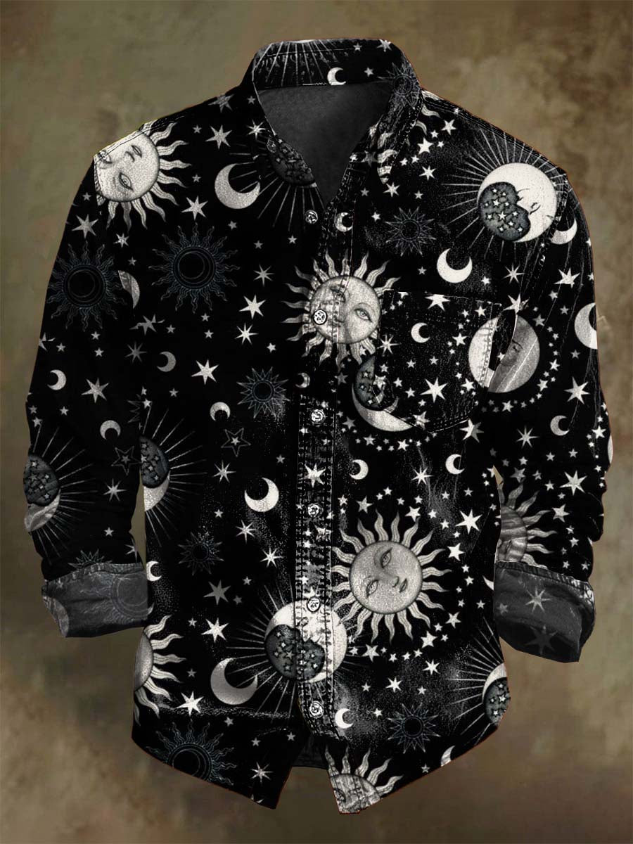 Chemise décontractée à manches longues imprimée Galaxy avec motifs Soleil et Lune