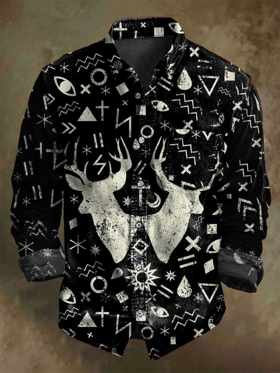 Chemise décontractée à manches longues avec motif tribal de tête de cerf vintage