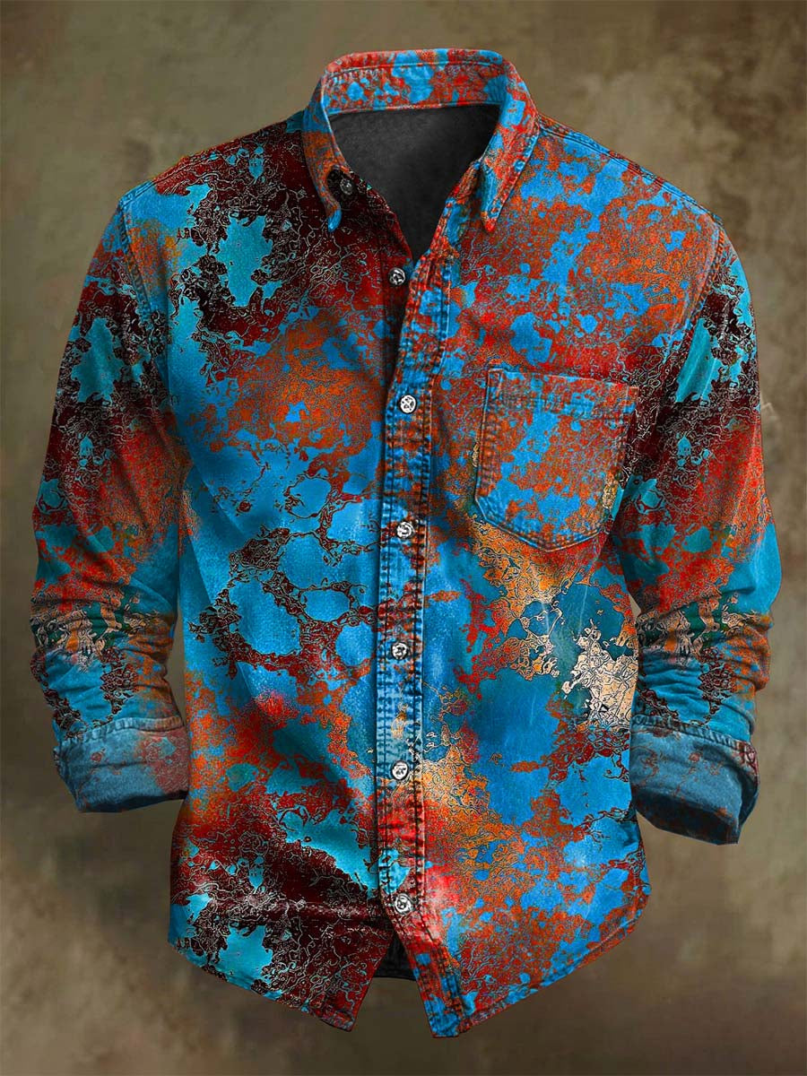 T-shirt long à manches décontractées avec motif artistique vintage coloré