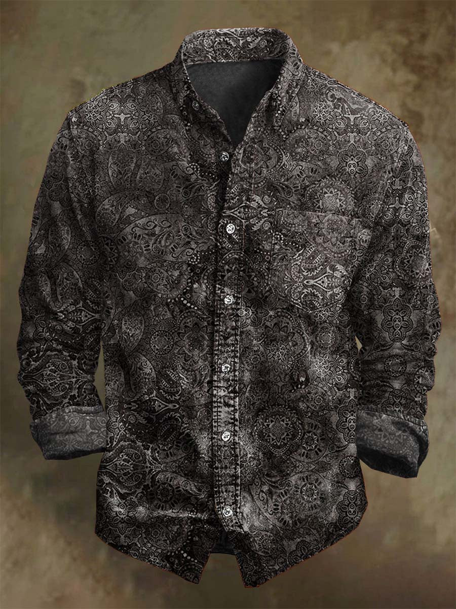 Chemise décontractée à manches longues avec motif floral mandala rétro