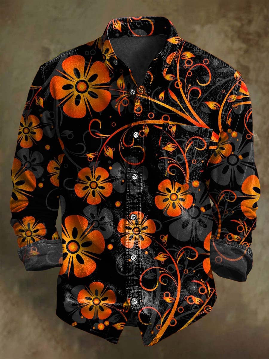 Chemise Vintage à Manches Longues avec Imprimé Floral Abstrait