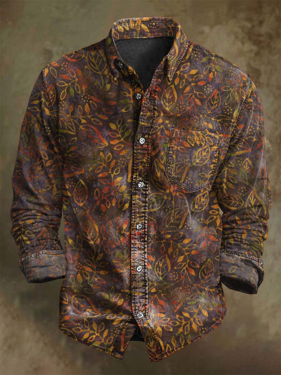 Chemise vintage à manches longues avec imprimé floral fluorescent décontractée