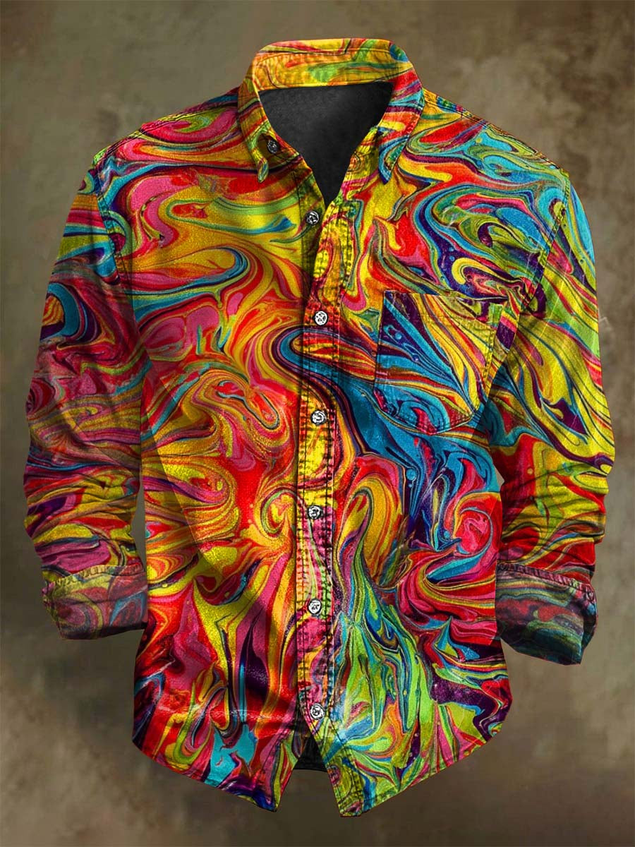 Chemise décontractée à manches longues avec motif abstrait de vagues colorées