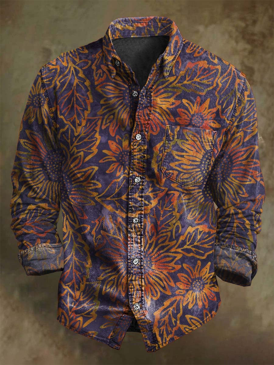 Chemise décontractée à manches longues avec motif floral rétro lumineux