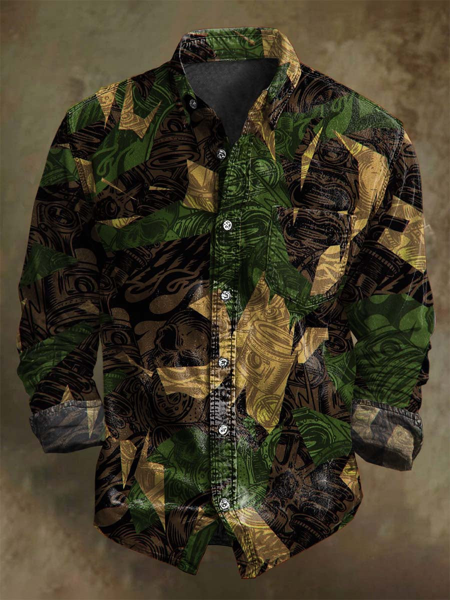 Chemise Décontractée à Manches Longues avec Impression Abstraite en Patchwork