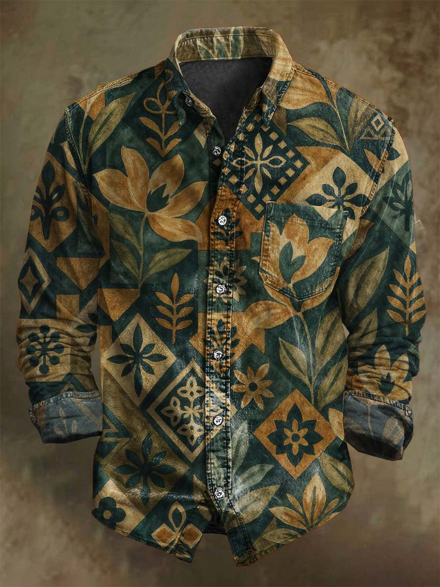 Chemise décontractée à manches longues avec motif floral vintage en patchwork