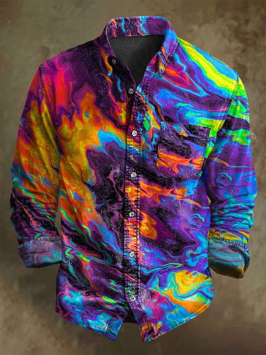 Rendu Art Chemise Décontractée à Manches Longues avec Imprimé Abstrait en Couleurs