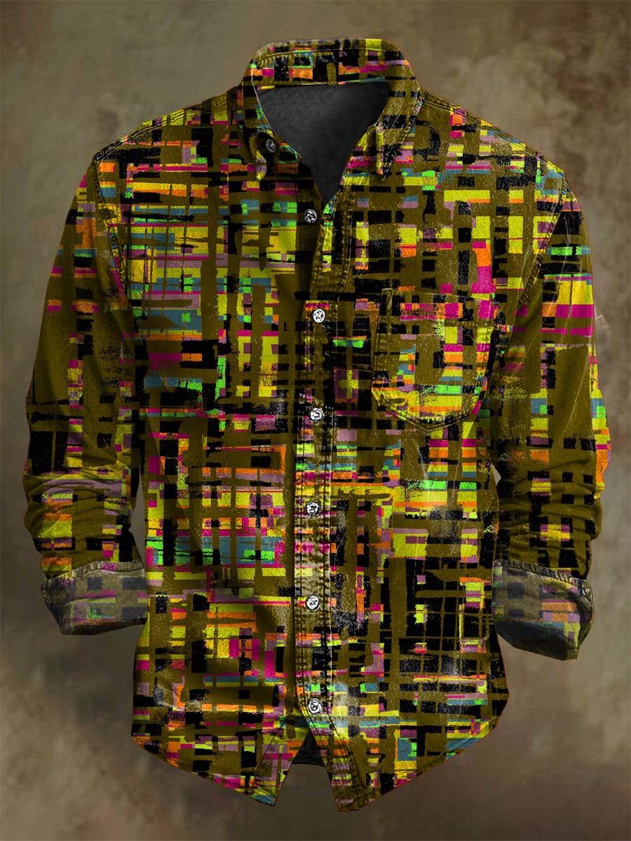 Chemise décontractée à manches longues en tartan à motif peinture abstraite
