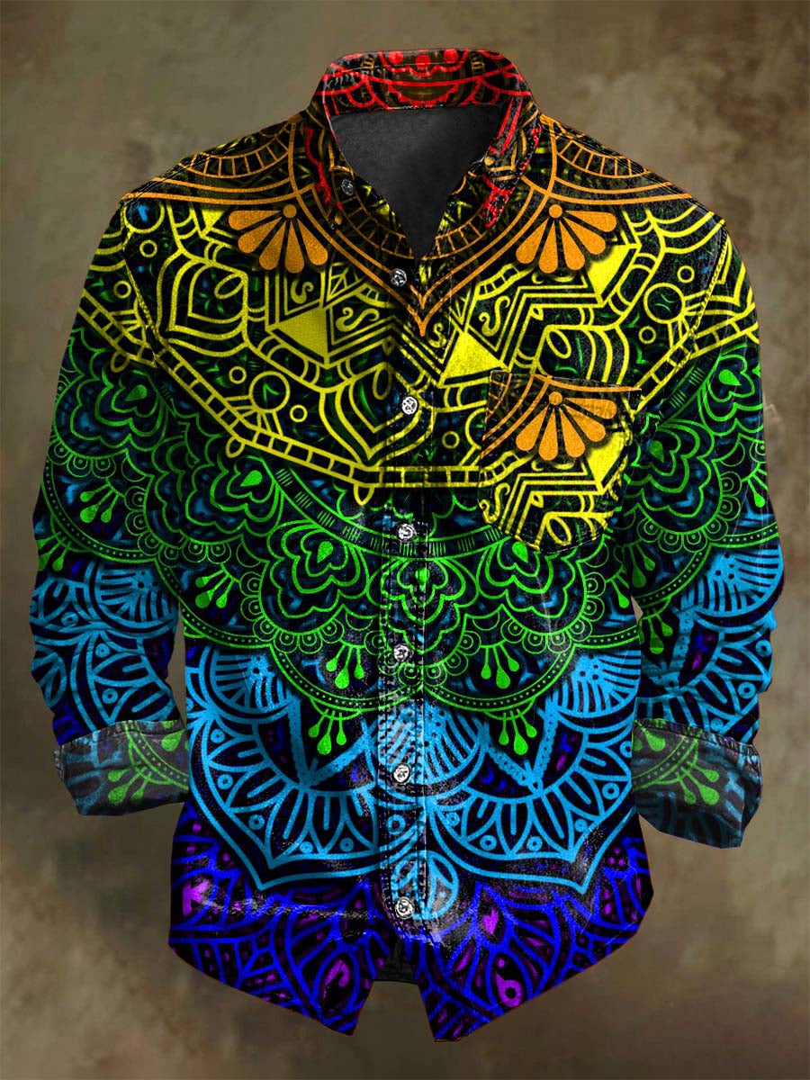 Chemise Décontractée à Manches Longues avec Imprimé Floral Mandala en Dégradé Abstrait