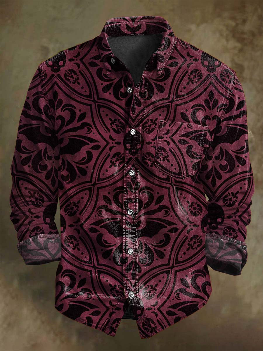 Chemise Décontractée à Manches Longues avec Imprimé Abstrait de Crâne de Chauve-Souris