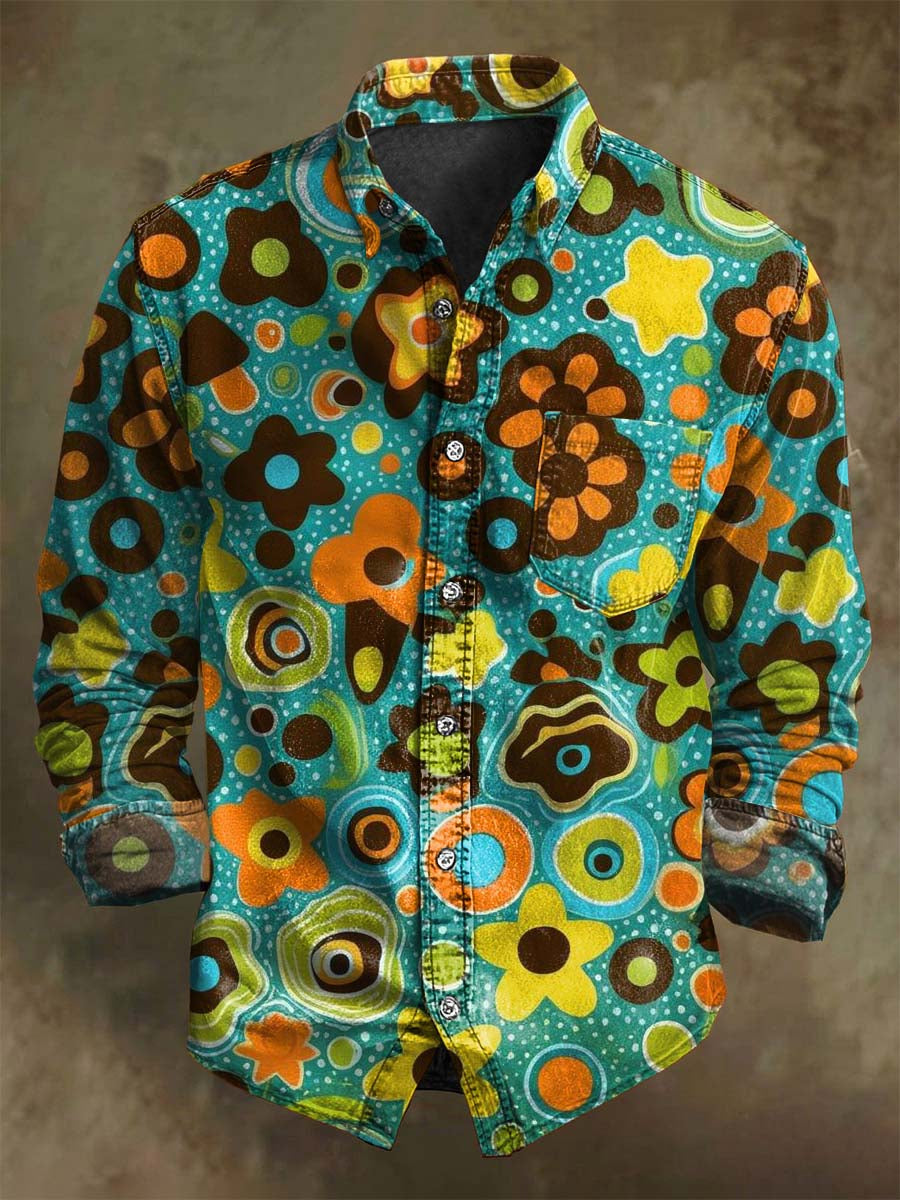 Chemise décontractée à manches longues avec motif floral abstrait rétro