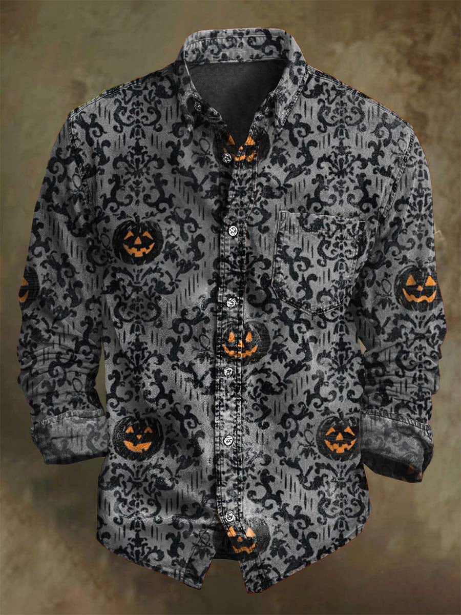 Chemise décontractée à manches longues avec motif floral de citrouille pour Halloween