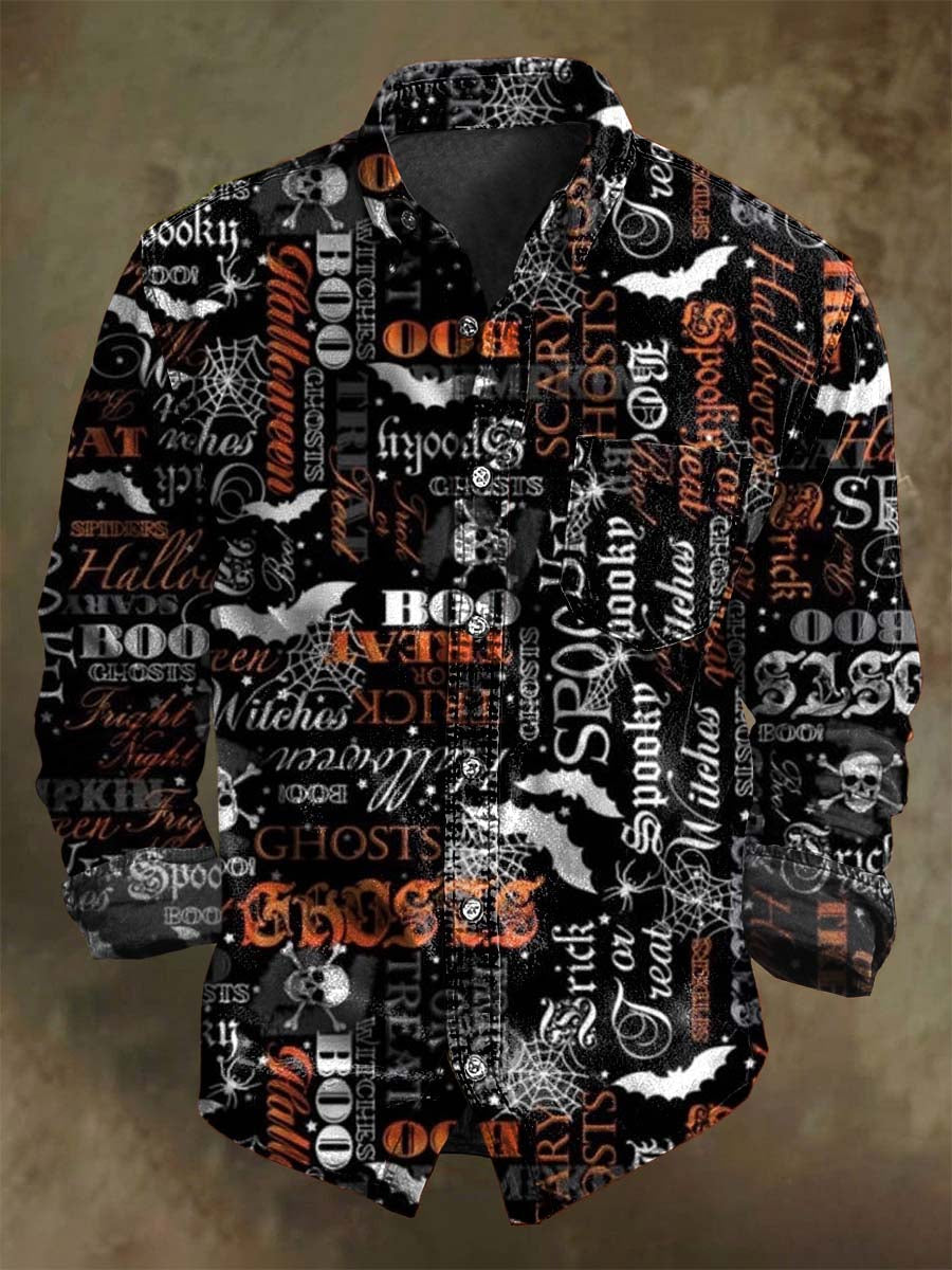 T-shirt long à manches imprimées avec texte d'horreur pour Halloween