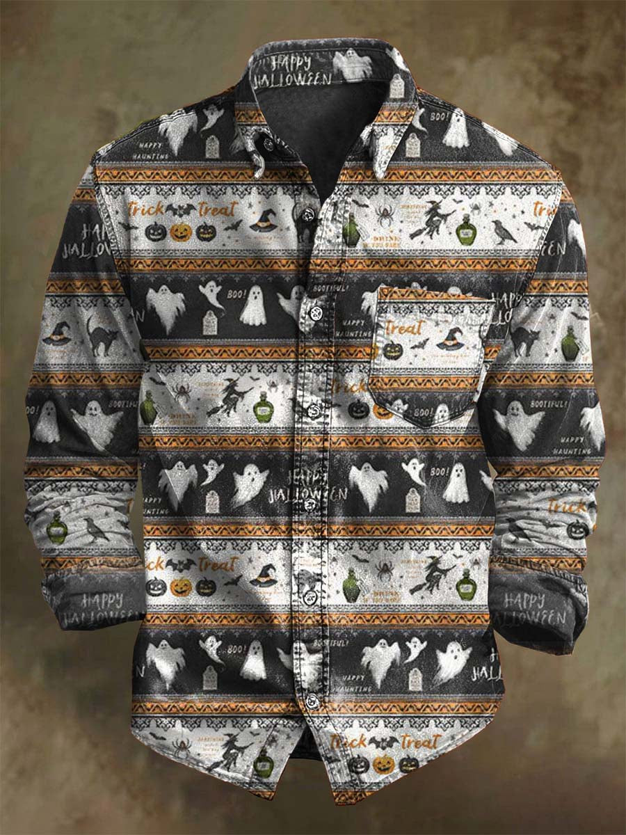 Chemise décontractée à manches longues avec motif sorcière rayé pour Halloween