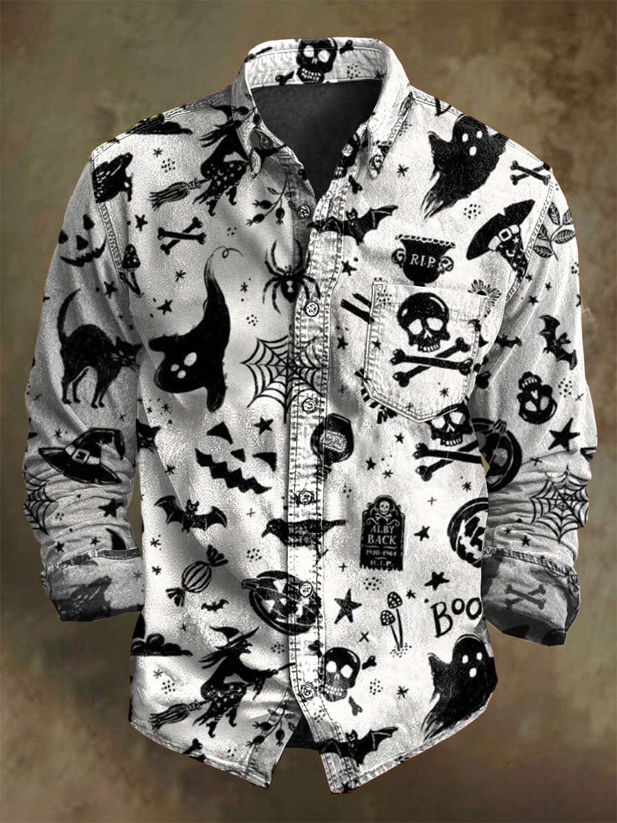 Chemise décontractée à manches longues avec motif de chat fantôme noir pour Halloween