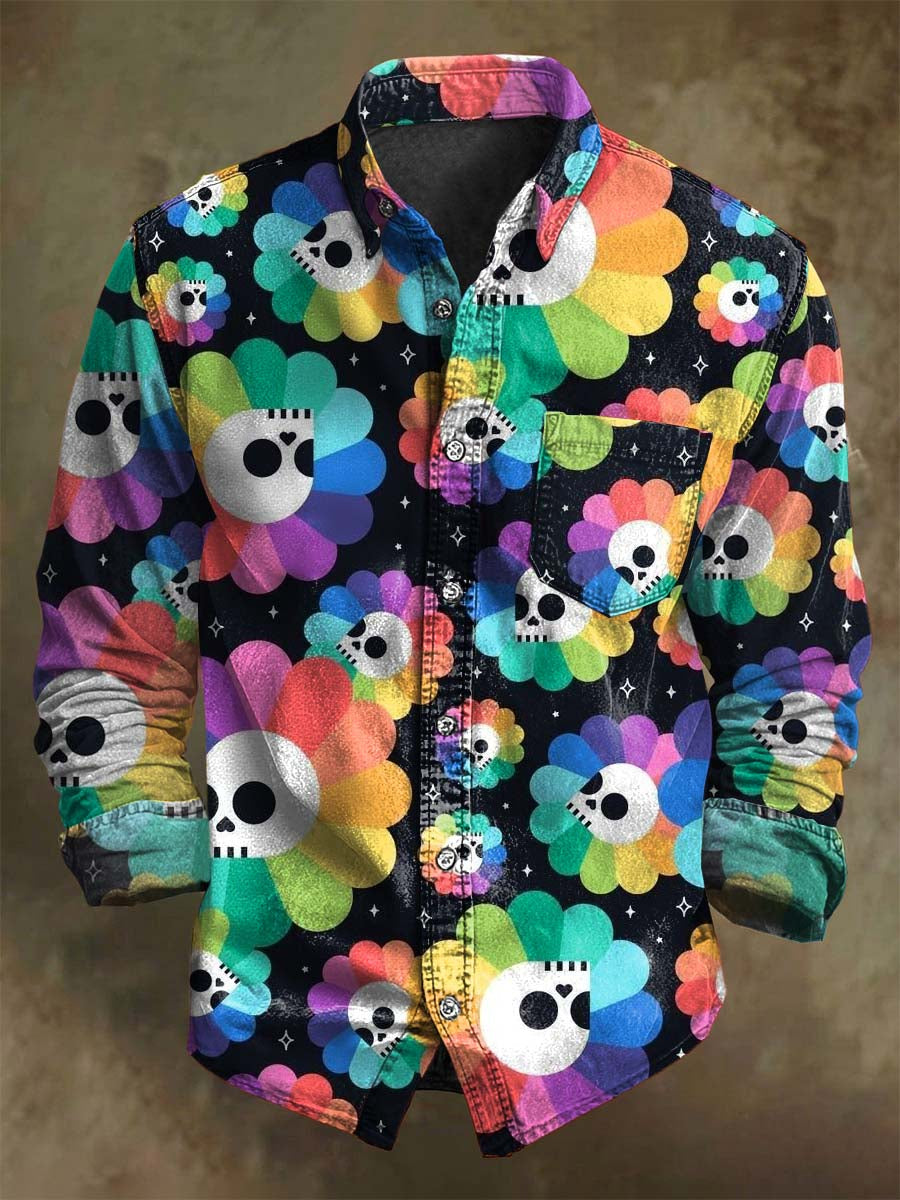 Chemise décontractée à manches longues avec motif de crâne floral coloré pour Halloween