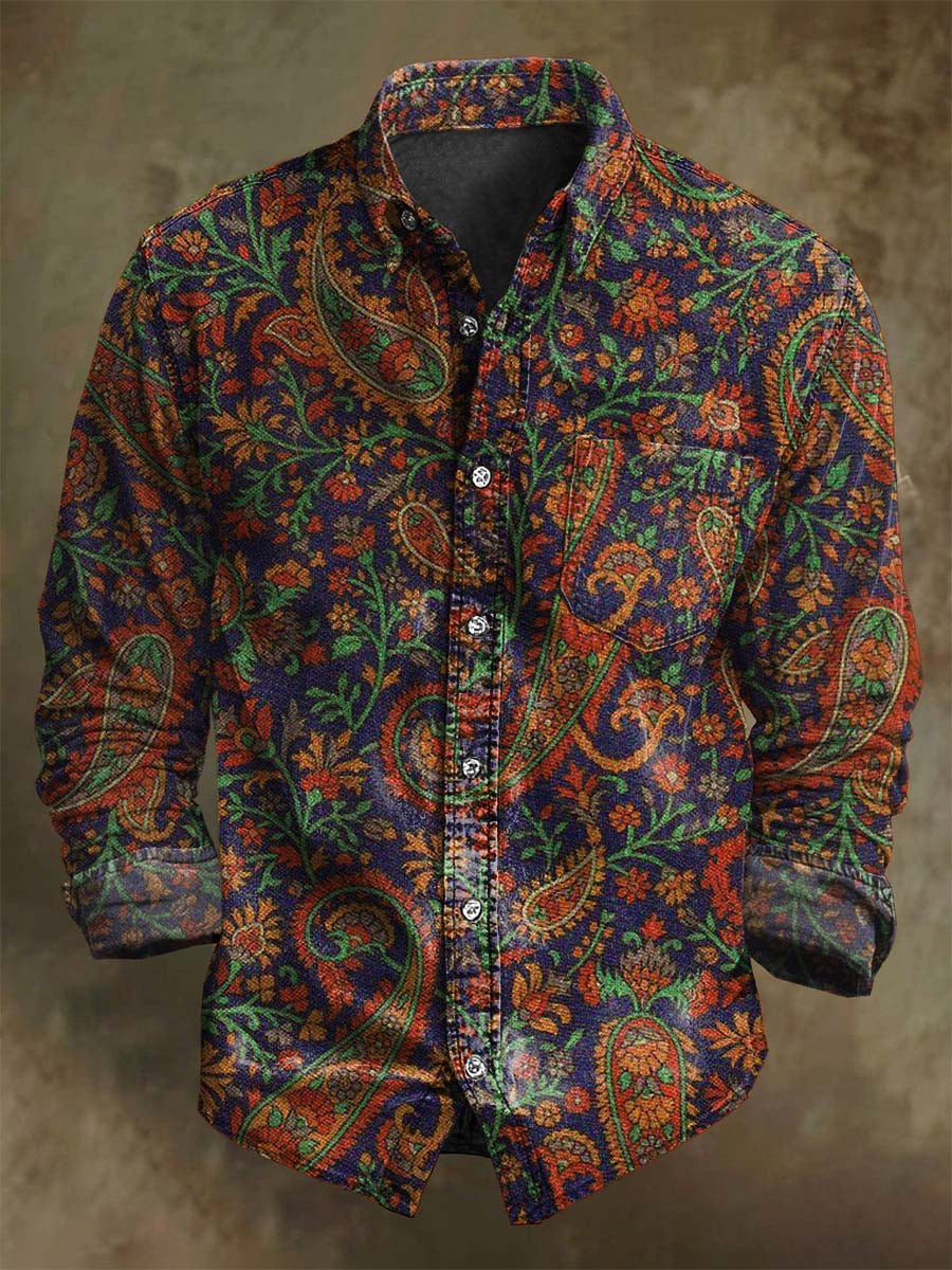 Chemise décontractée à manches longues avec imprimé floral paisley rétro