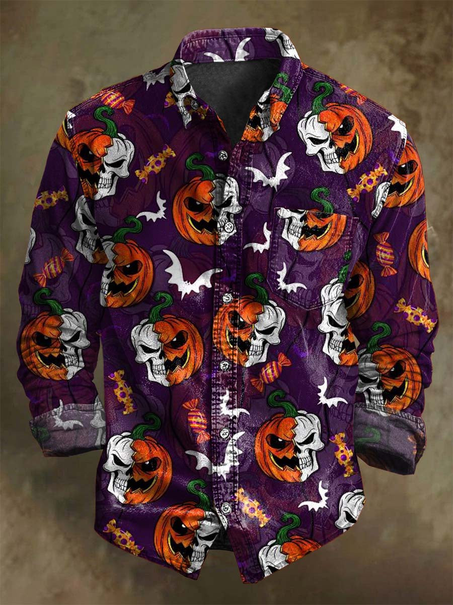Chemise décontractée à manches longues avec motif de citrouille maléfique pour Halloween